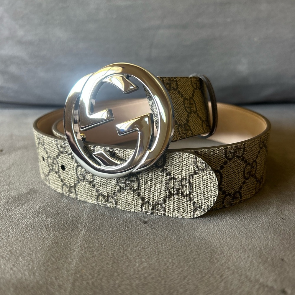 Gucci Beige Double G Belt w/ Silver Buckle sz 40 w/ FREE Shipping